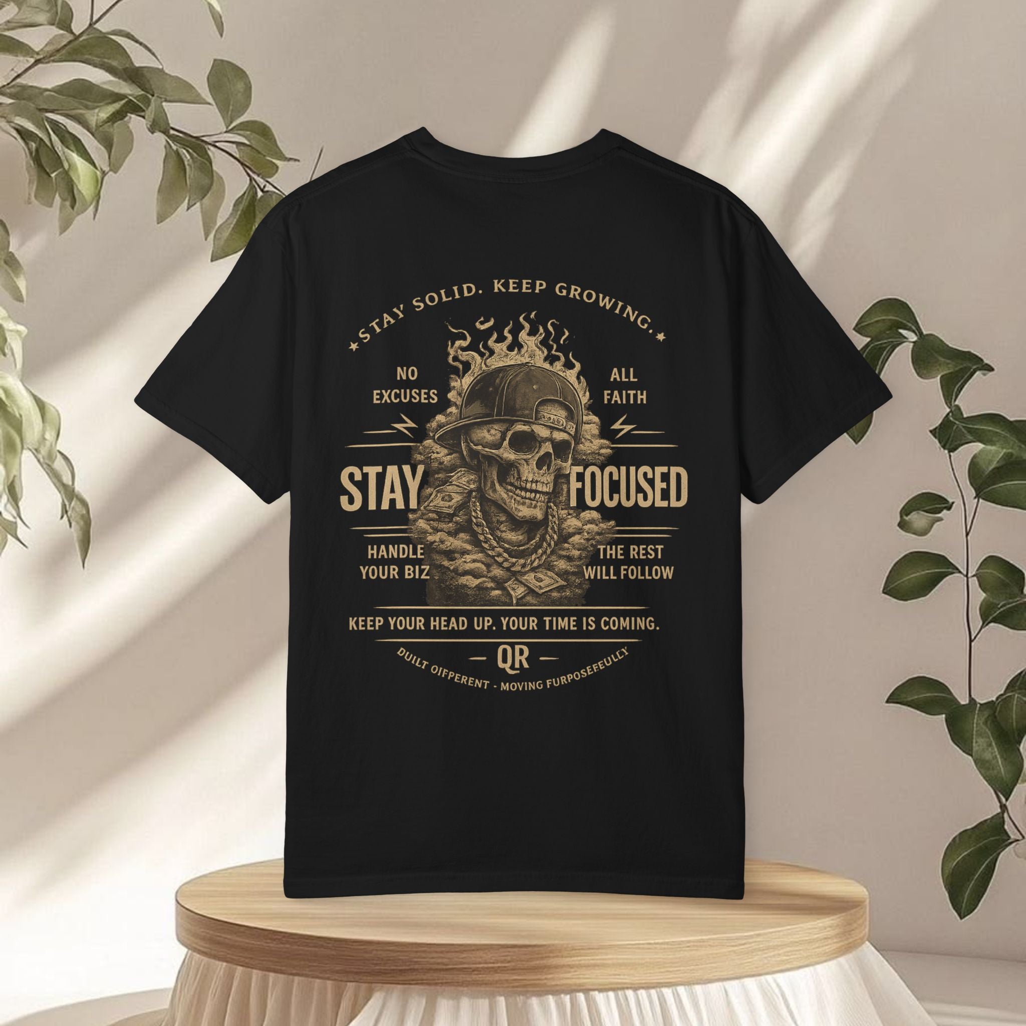 Quiet Roots "Stay Focused" Graphic T-Shirt — Vintage Skull & Dagger Motivational Tee
