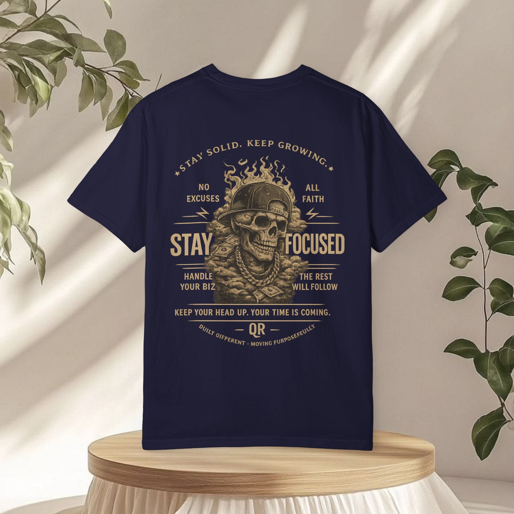 Quiet Roots "Stay Focused" Graphic T-Shirt — Vintage Skull & Dagger Motivational Tee