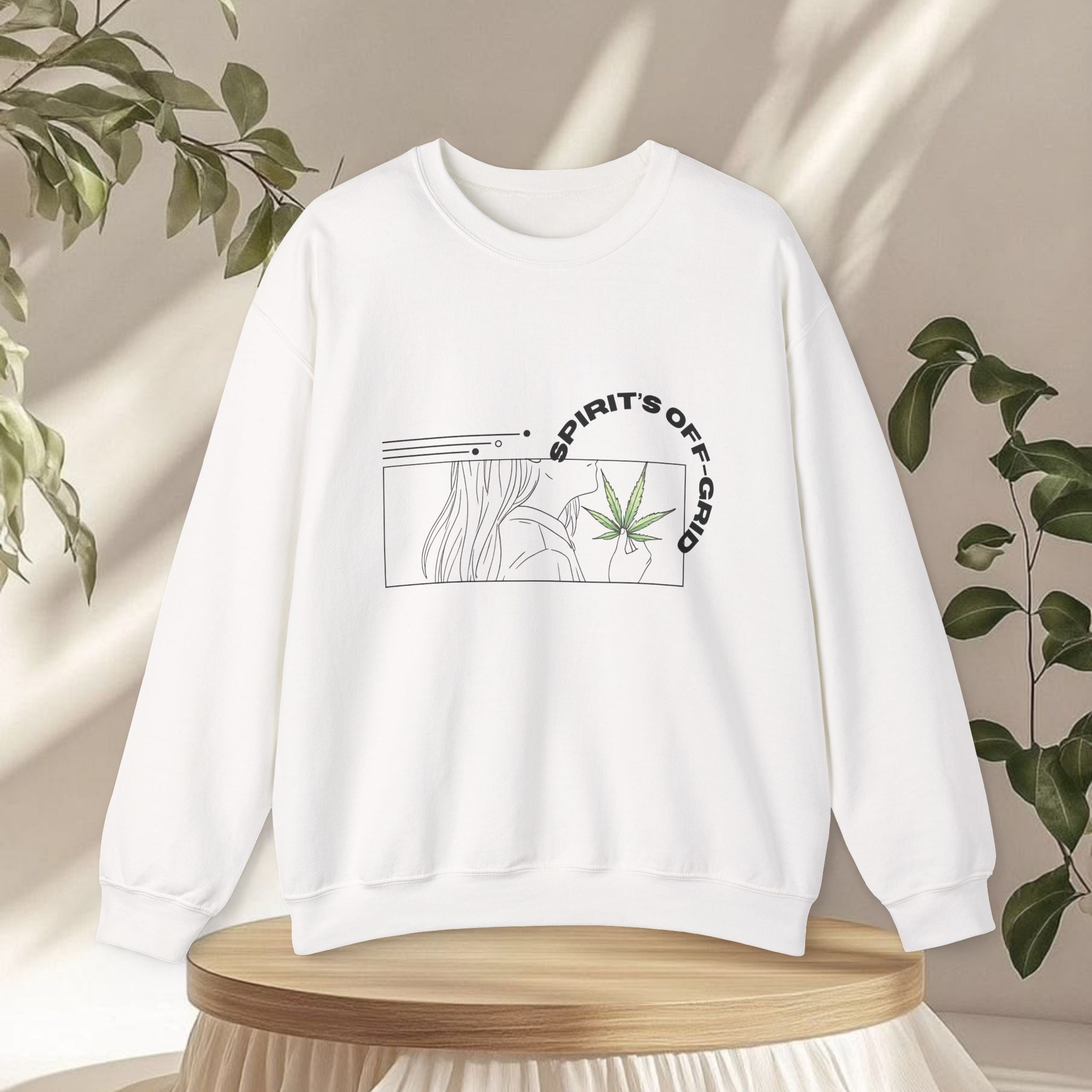 Spirit’s Off-Grid Crewneck — Minimal Cannabis Line Art