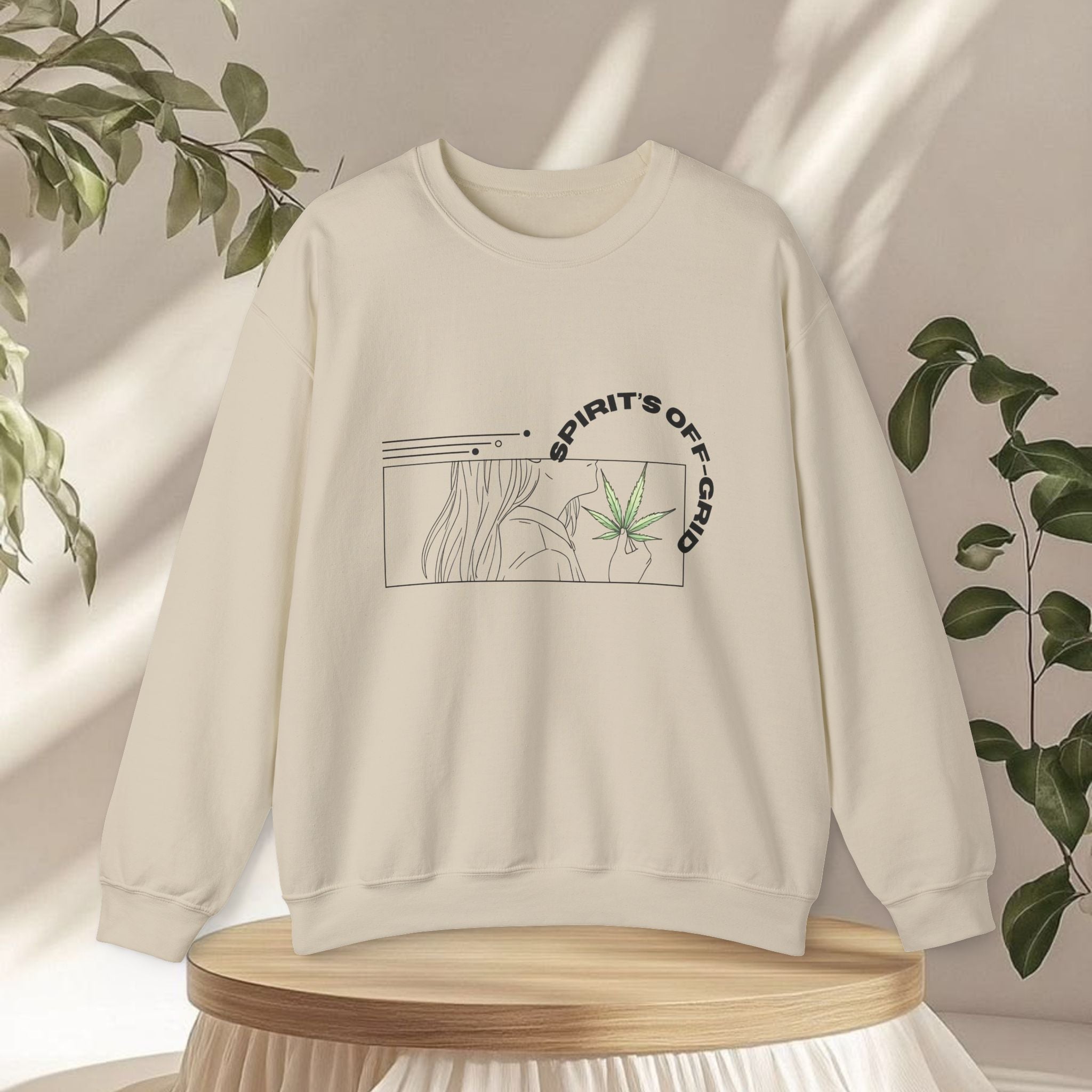 Spirit’s Off-Grid Crewneck — Minimal Cannabis Line Art