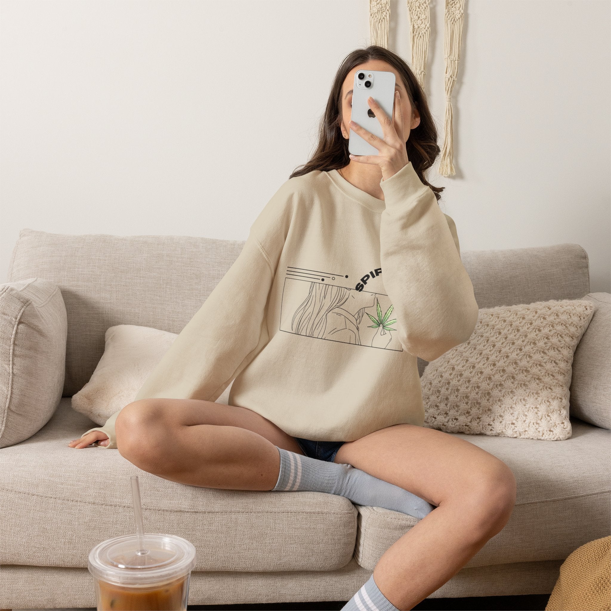 Spirit’s Off-Grid Crewneck — Minimal Cannabis Line Art