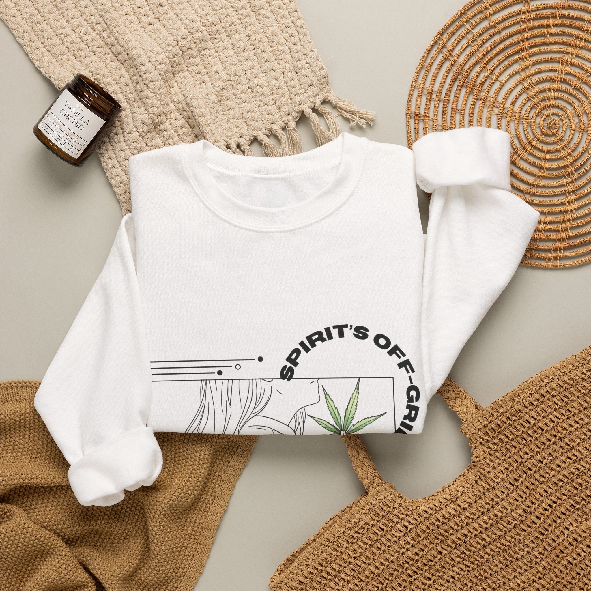 Spirit’s Off-Grid Crewneck — Minimal Cannabis Line Art