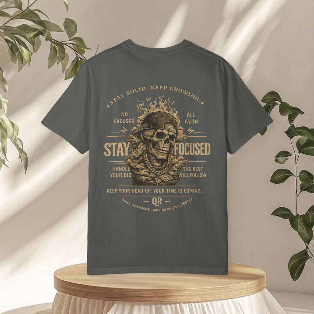 Quiet Roots "Stay Focused" Graphic T-Shirt — Vintage Skull & Dagger Motivational Tee